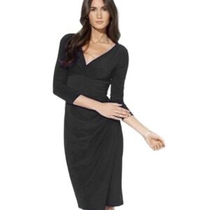 LAUREN Ralph Lauren Black Ruched Jersey Sheath Dress Size 14 V-Neck  3/4 Sleeve